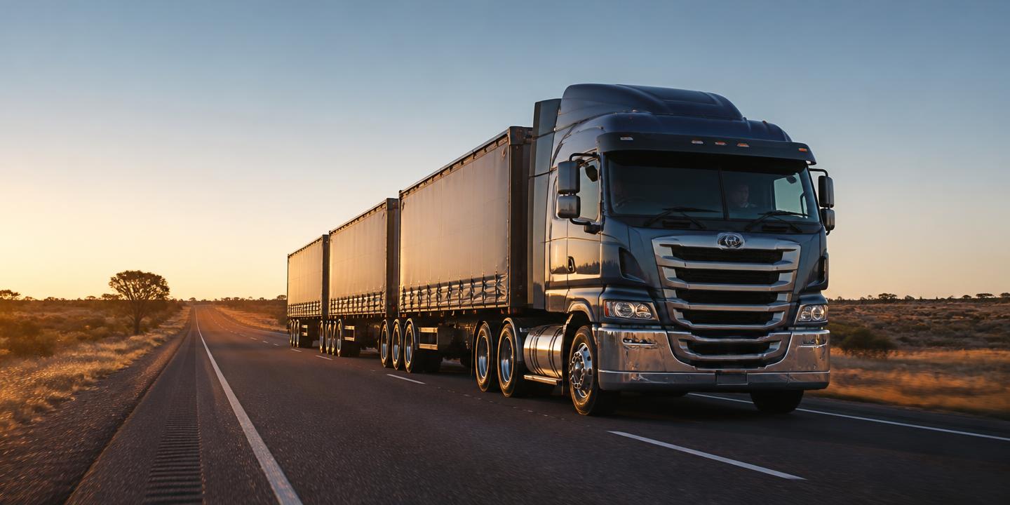 Australian prime mover truck on an open interstate highway at golden hour